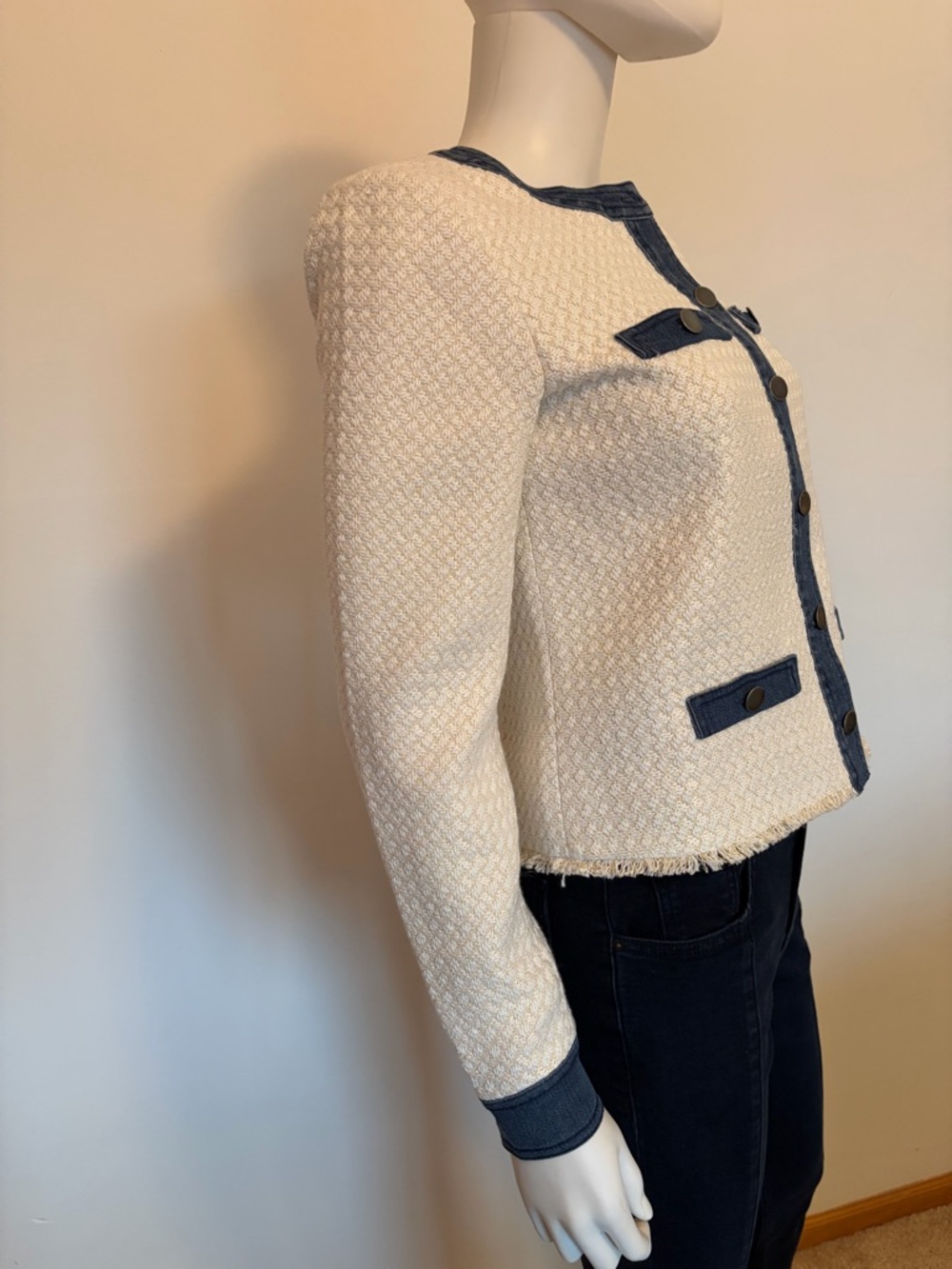 #644 ECRU Mixed Media Tweed Jacket with Blue Denim Trim. NWT - Picture 11 of 14